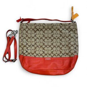 Coach‎ Signature Park Hobo Purse F23279 SV/Khaki/Vermillion with Crossbody Strap